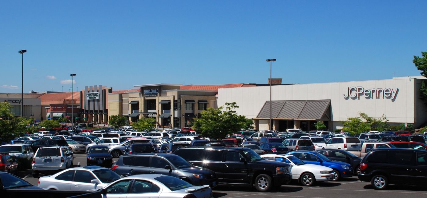 Clackamas Town Center mall exterior, southeast quadrant, with store signage visible — the retail landmark that anchors unincorporated Clackamas